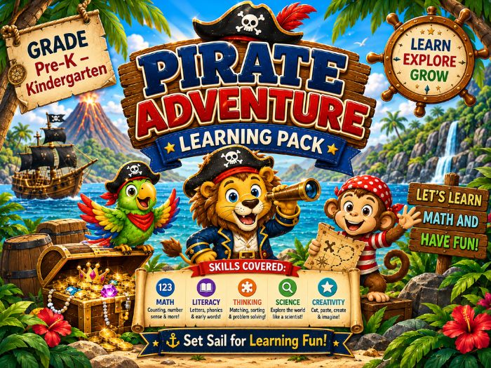 Pirate Adventure Learning Pack | Pre-K & Kindergarten Math, Literacy, Tracing & Matching