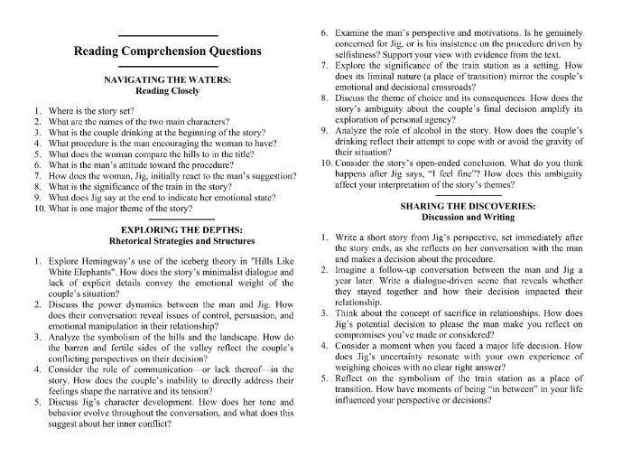Hills Like White Elephants by Ernest Hemingway with Reading Comprehension Questions