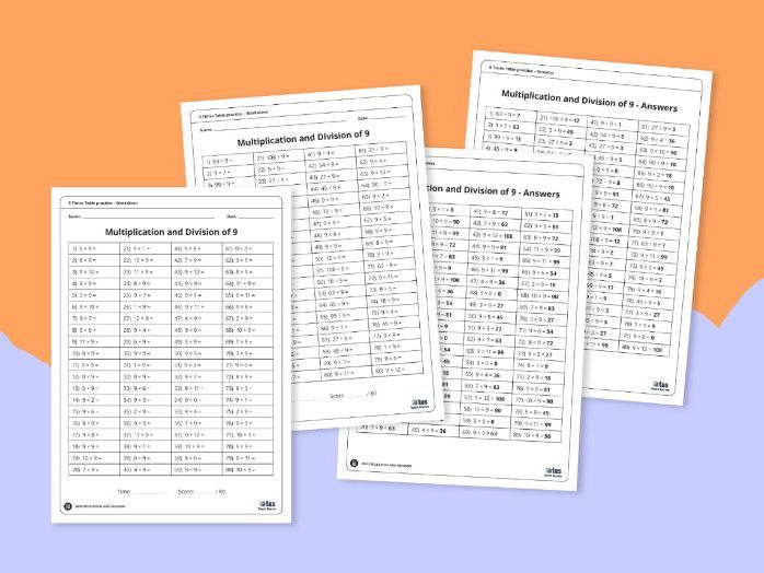Multiplication and division practice worksheets for the 9 times table