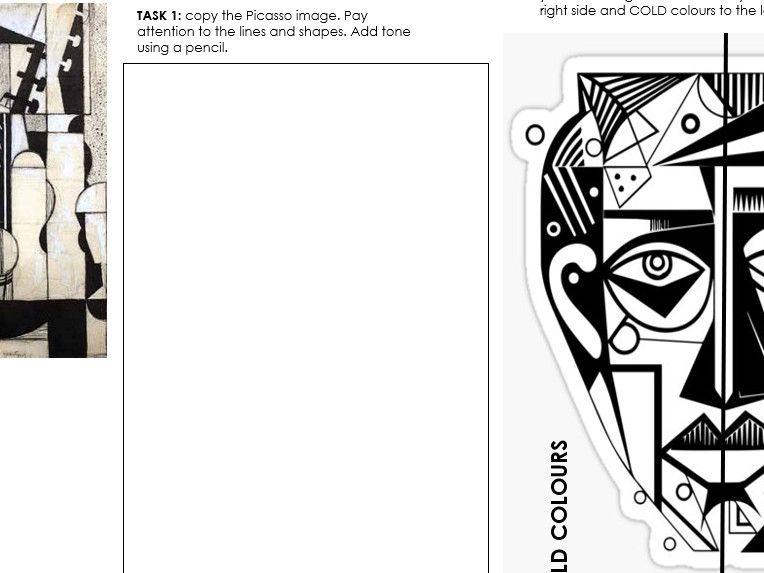 Art and Design - Cover Worksheet/Skills Recall. Cubism and Music theme