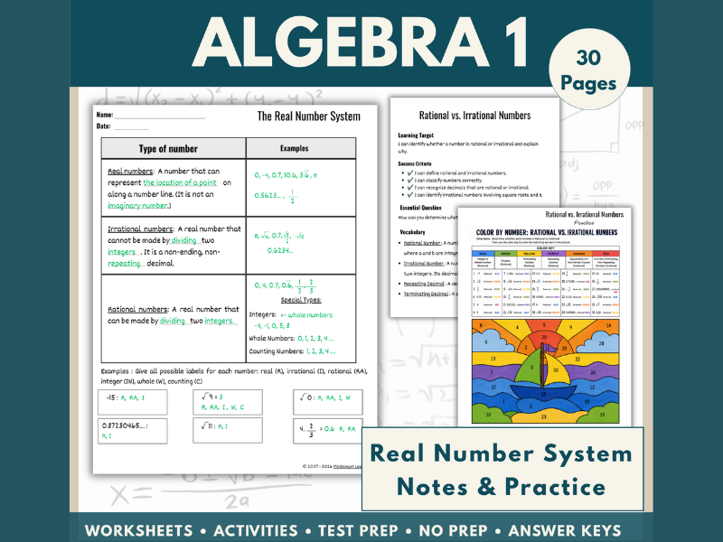 Algebra 1 The Real Number System Guided Notes, Worksheets & Color by Number ThinkSmart Learning