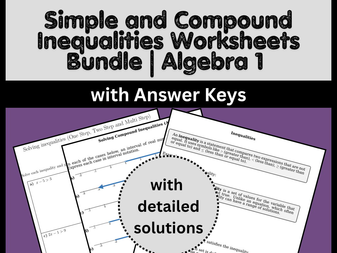 Simple and Compound Inequalities Worksheets Bundle | Algebra 1 with Answer Keys