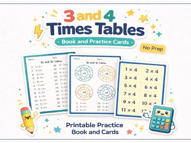 3 and 4 times table book with flashcards - Multiplication practice