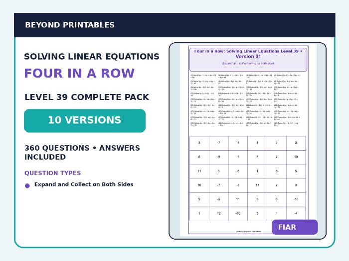 Solving Linear Equations Four in a Row | 3(x + 2) + x = 2(x + 7) : Level 39 | 10-Version Maths Pack