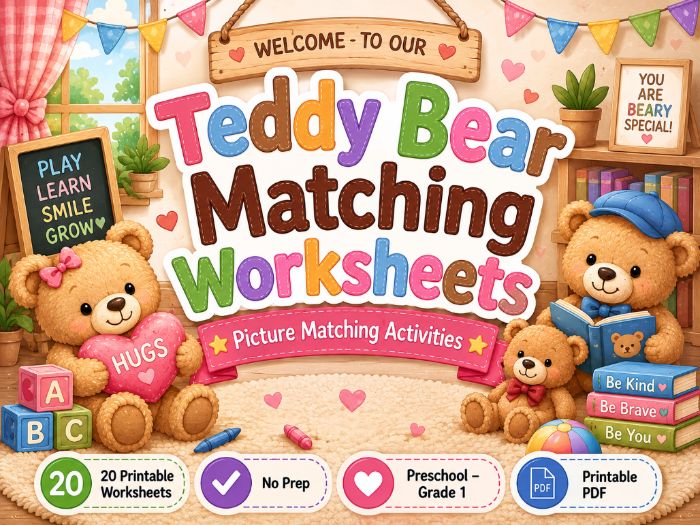 Teddy Bear Matching Worksheets | Picture, Shadow, Letters, Numbers, Shapes & Colors | Preschool–1