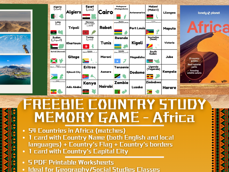 Country Study Memory Game Flashcards on Countries in Africa - FREEBIE