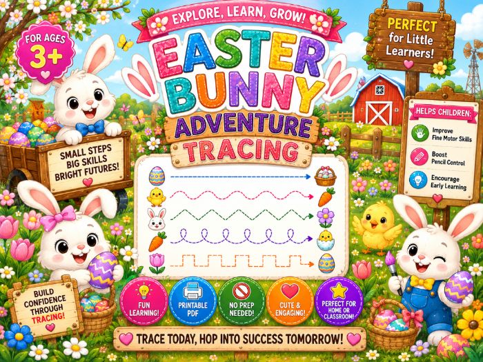 Easter Bunny Tracing Worksheets | Fine Motor, Pencil Control & Pre-Writing | Preschool–Grade 1