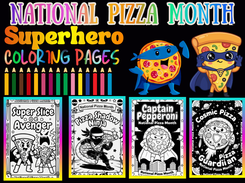 National Pizza Month Superhero Coloring Pages for Kids | NO PREP Activity Pack