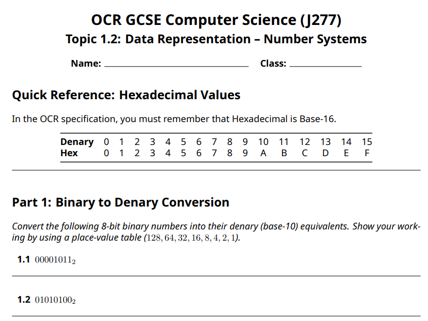 GCSE Computer Science - Number System Worksheets