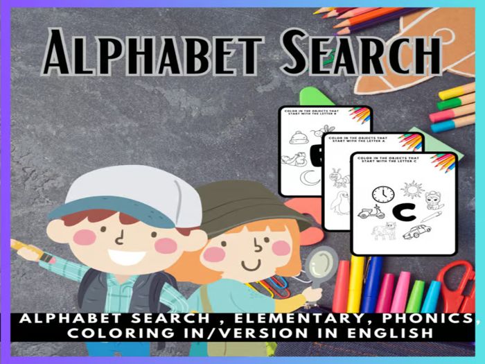 Alphabet Search, Blends & Digraph Beginning Sound Picture Search Coloring Pages Version in English