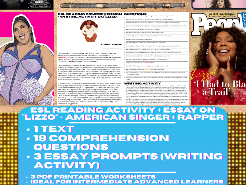 ESL Reading Comprehension + Writing Activity - Lizzo - American Singer + Rapper