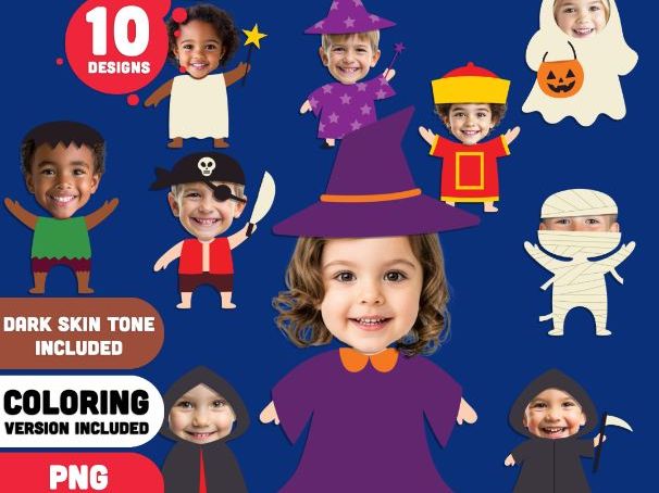 Halloween Face Templates, Personalized Face Craft, Light & Dark Skin, 10 Designs, PDF + PNG