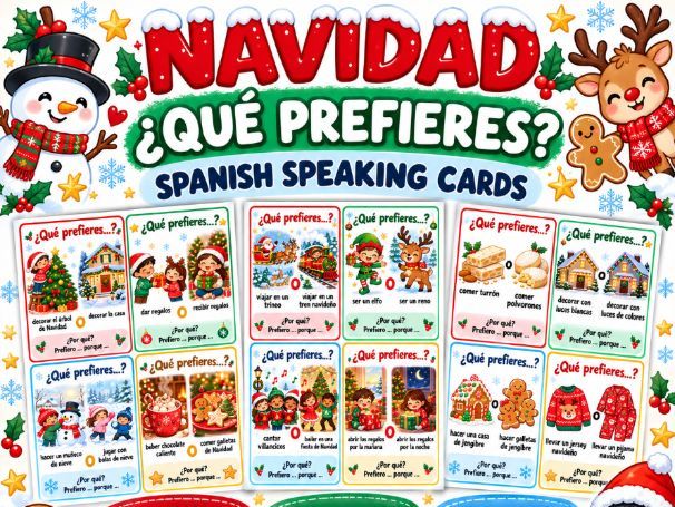 Spanish Christmas Speaking Cards | ¿Qué prefieres? | 24 Illustrated Cards