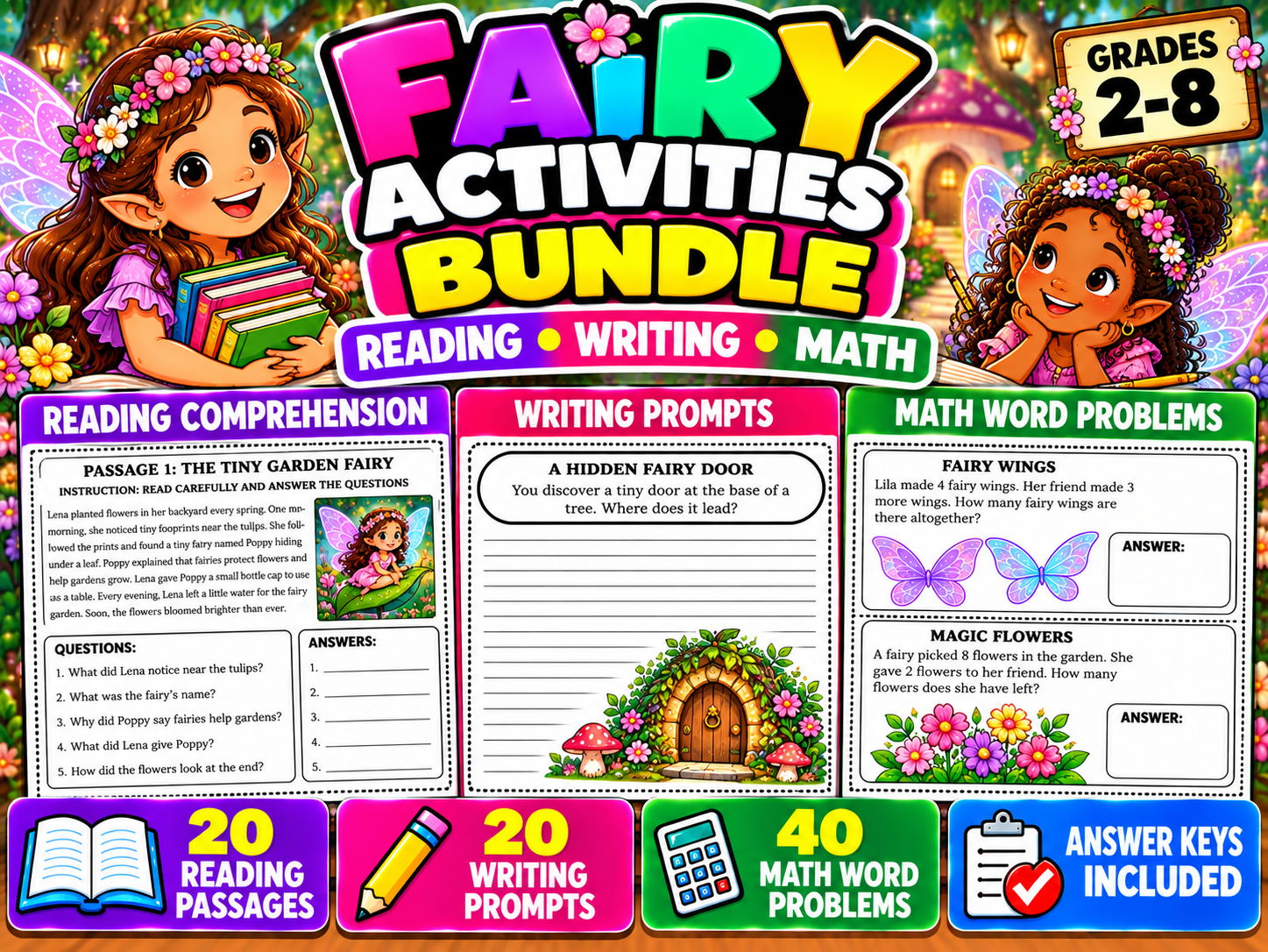 Fairy Day Activities Bundle | Reading, Writing & Math | Grades 2–8