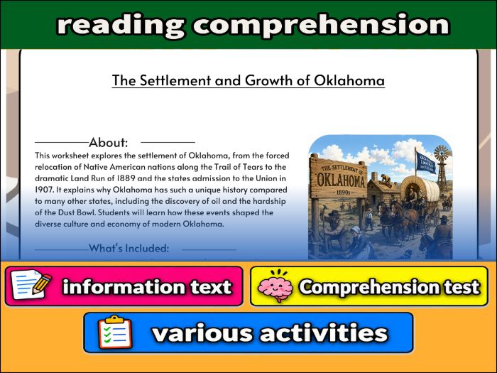 The Settlement and Growth of Oklahoma - reading comprehension & Activities