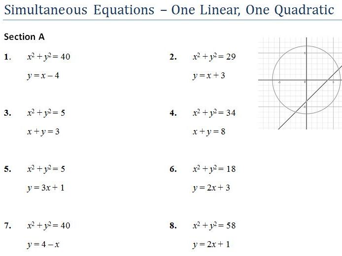 Simultaneous Equations With One Quadratic Worksheet And Powerpoint
