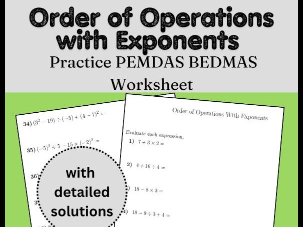 Order of Operations with Exponents Practice | PEMDAS BEDMAS Worksheet