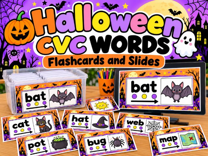 Halloween CVC Words | Phonics Blending Flashcards & Slides | Word Cards