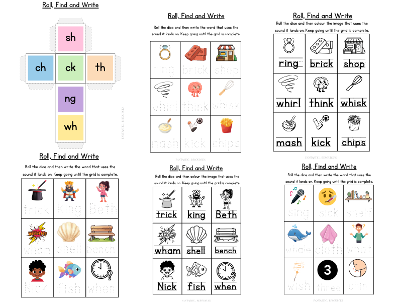 Phase 3 Digraph Phonics Roll & Read Game | KS1 SEND Phonics Intervention |  Tracing and  Colouring