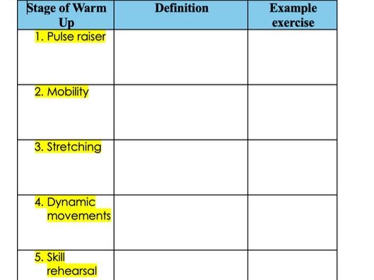 Stages of warm up worksheet/ cool down (GCSE PE OCR)
