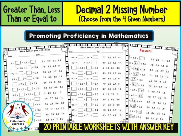 Greater Than, Less Than – Two Decimal Missing Numbers (Choose from 4 Given Numbers) Worksheets Pract