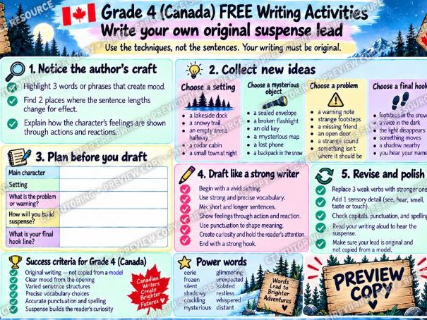 Canadian grade 4 suspense writing- The Cabin on Emerald Lake