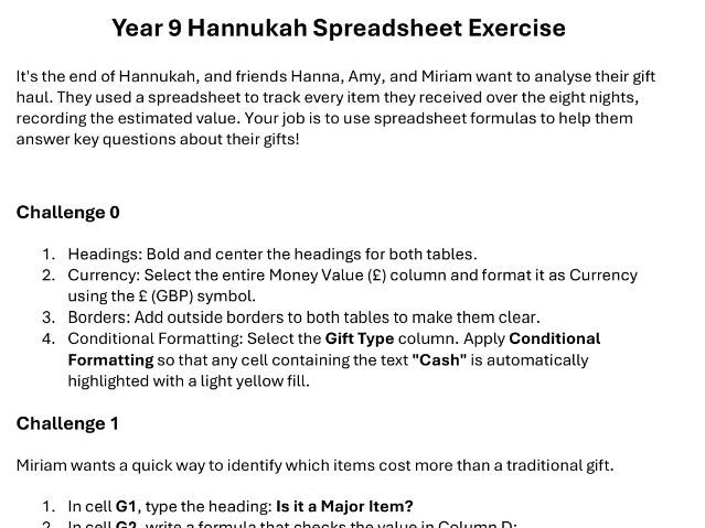 Hannukah Spreadsheet Exercise