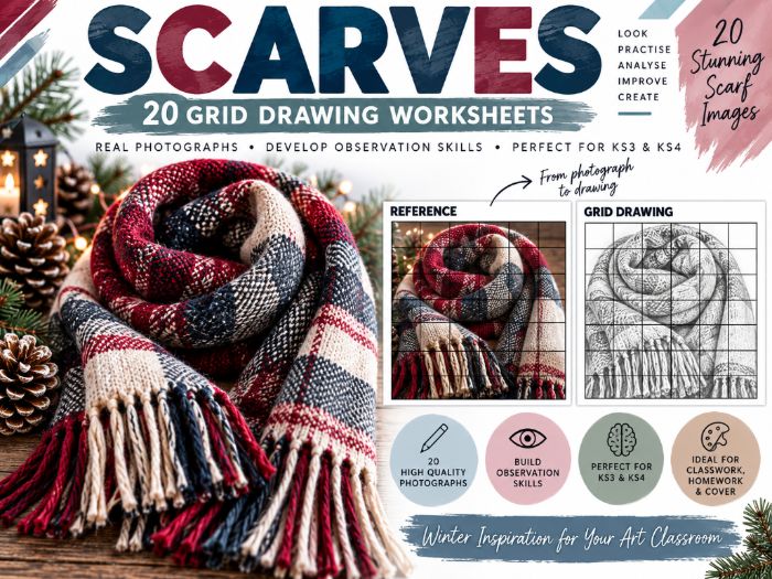 Winter Scarves Grid Drawing Worksheets | 20 Art Activities | KS3 & KS4