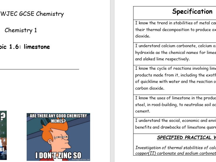 Year 10 Topic 6 WJEC Chemistry Limestone workbook