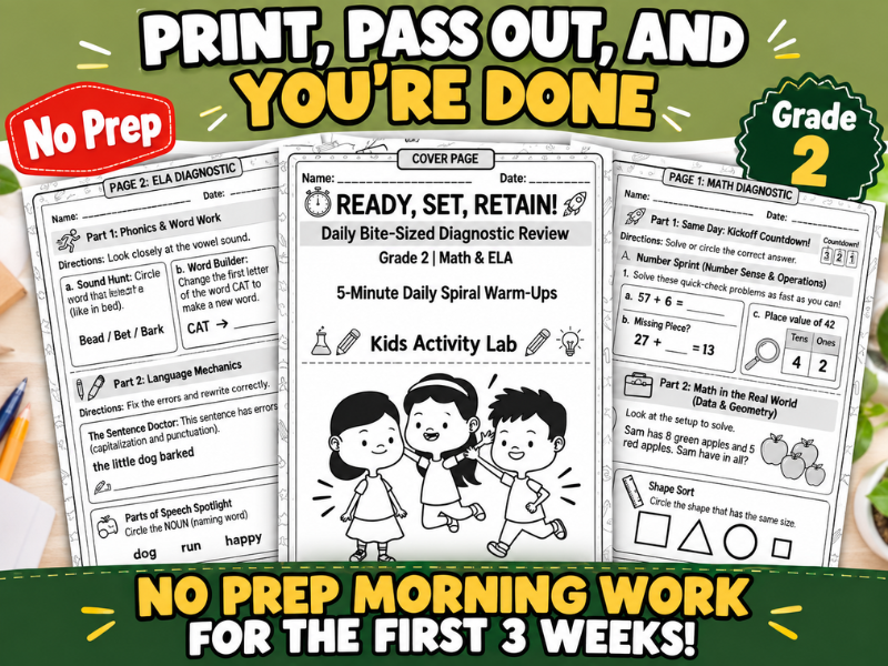 Year 2 Back-to-School Morning Work: 10-Day English & Maths Review Packet