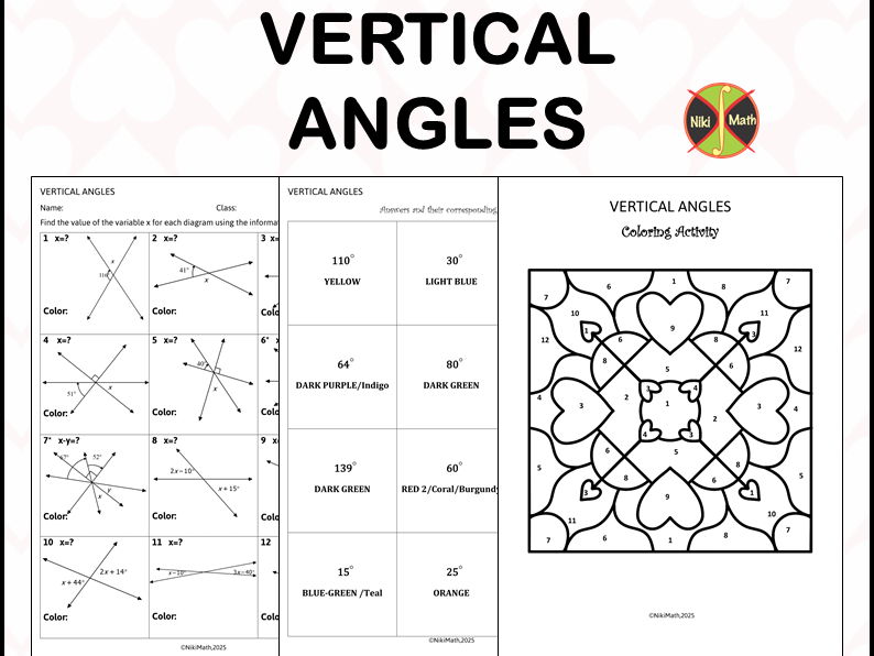 Geometry 7-8 Grades: Vertical Angles - Coloring Activity/Color by Code