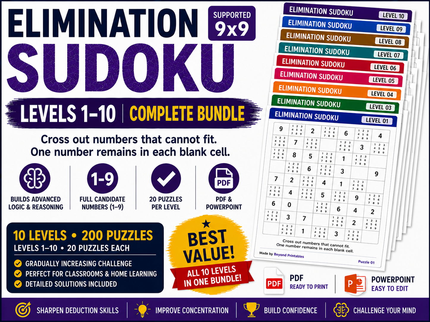 Elimination Sudoku Complete Bundle | Levels 1–10 | 2,000 Logic Puzzles