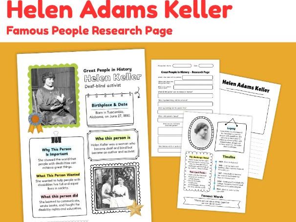 Helen Keller Biography Research Project | Famous People Worksheets