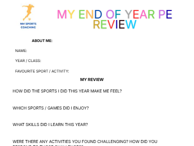 My End of Year PE Review – Student Reflection & Evaluation Worksheet