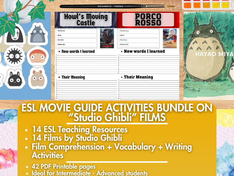 ESL Movie Guide Worksheets on Studio Ghibli Animated Films - Bundle -75% OFF