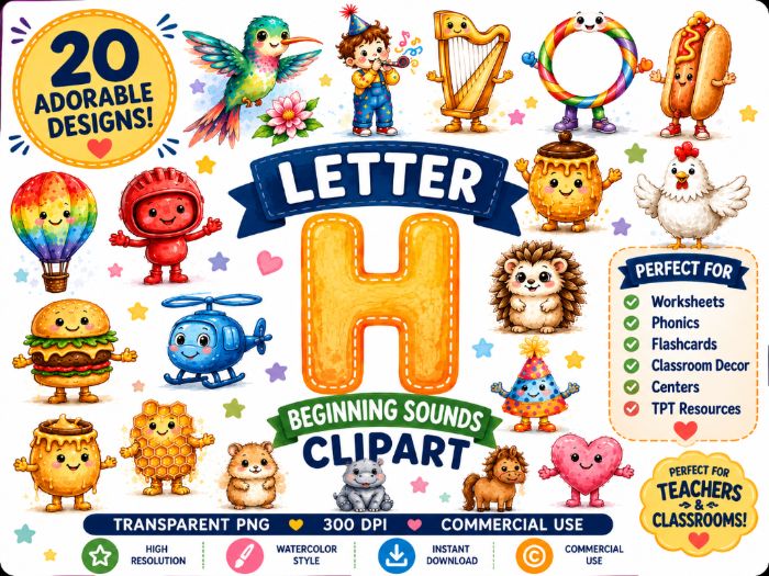 Letter H Beginning Sounds Clipart, Watercolor Alphabet Clipart