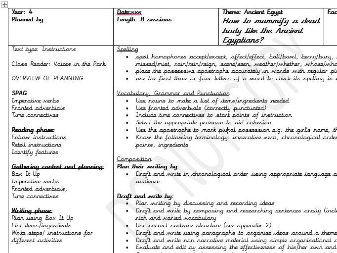 English short term plan- 2weeks unit Genre- Instructions (link to History, Ancient Egypt) Year 4