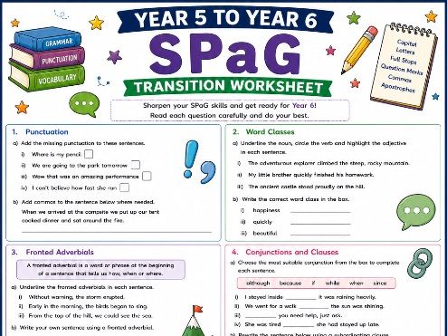 Year 5 to Year 6 SPaG Worksheet | Grammar, Punctuation & Spelling Revision | KS2 Transition |