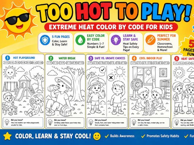 Too Hot to Play! Extreme Heat Color by Code Worksheets for Kids (K-grade 3)