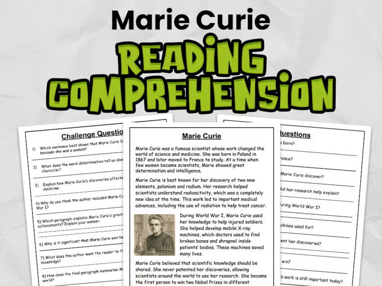 Marie Curie Reading Comprehension for Gr 3 - 5 | Guided Reading Task