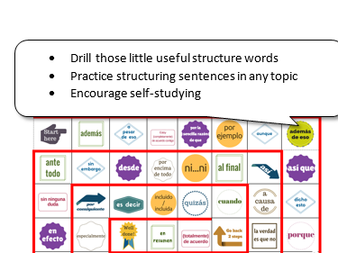 Practice or assess structure words-connectives in Spanish (board game)