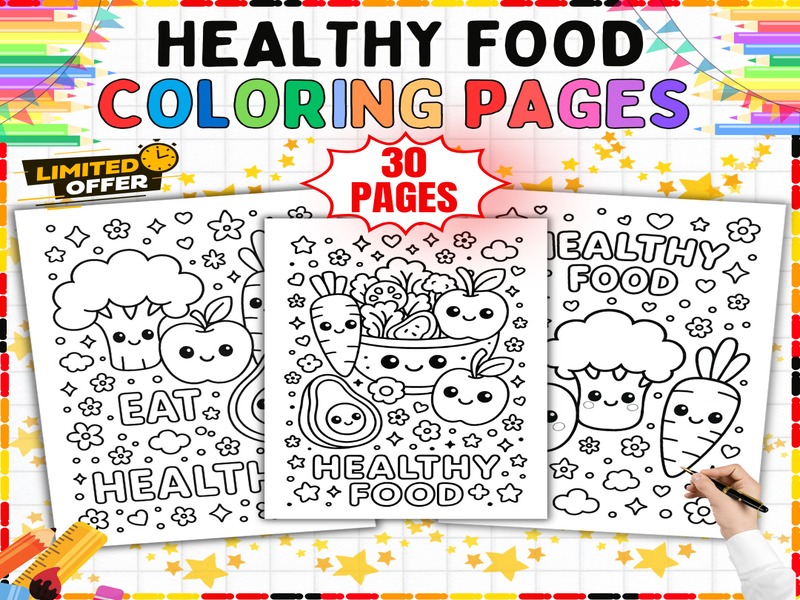 Healthy Food Coloring Sheets | 30 Page Coloring Sheets | Fruits and Vegetables