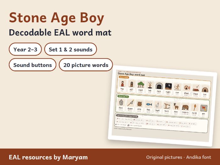 Stone Age Boy EAL Word Mat – Decodable, Set 1 and 2 Sounds, Sound Buttons (KS1/Year 3)