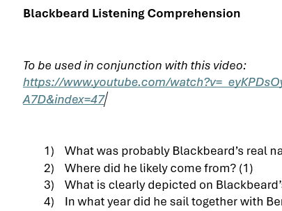Blackbeard Listening Comprehension