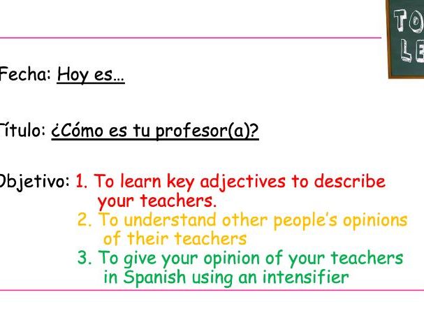 KS3 Spanish ¿Cómo es tu profesor? PPT + Worksheet + SB (Mi insti)