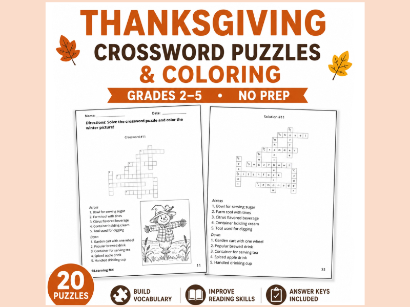 Thanksgiving Crossword Puzzles & Coloring
