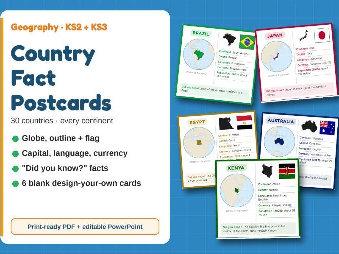 Country Fact Postcards: 30 Countries with Maps, Flags and Facts (Editable)