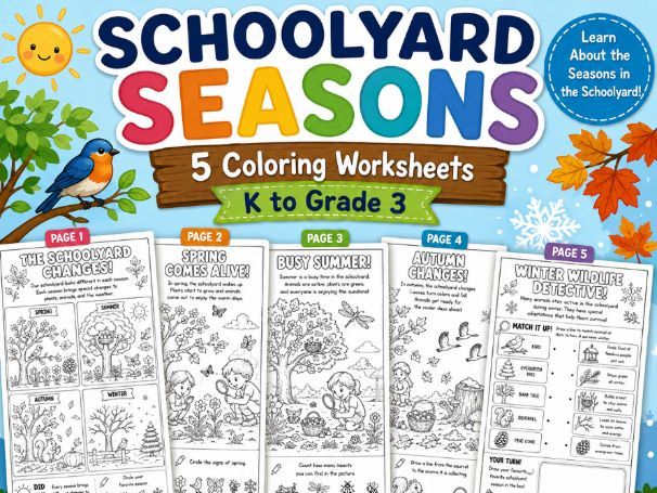 Schoolyard Seasons | 5 Coloring Worksheets | K–Grade 3 Science Activity