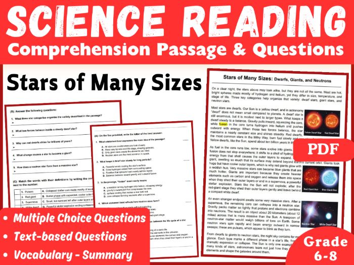 Science Reading Comprehension Passage Stars of Many Sizes (4 formats)