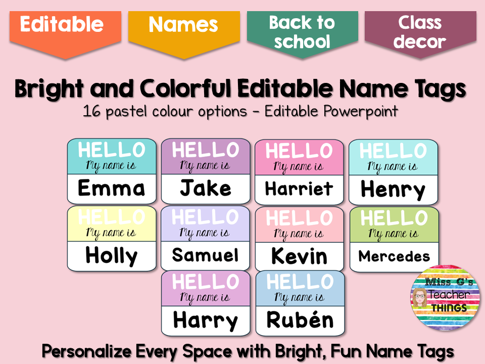 Bright & Colorful Editable Name Tags - 16 Pastel Options - English and Spanish